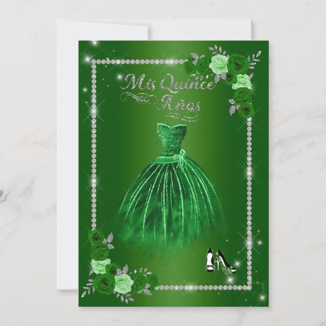 Invitación Quinceanera Verde y Plata Floral Elegante (Anverso)