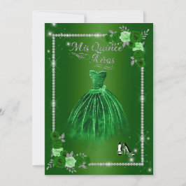 Invitación Quinceanera Verde y Plata Floral Elegante
