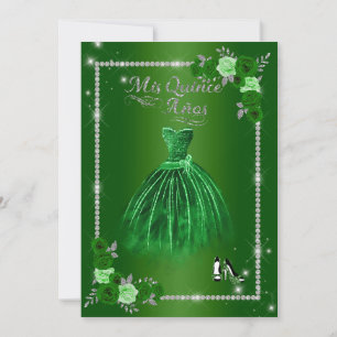 Invitación Quinceanera Verde y Plata Floral Elegante