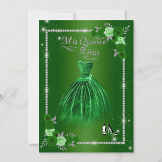 Invitación Quinceanera Verde y Plata Floral Elegante