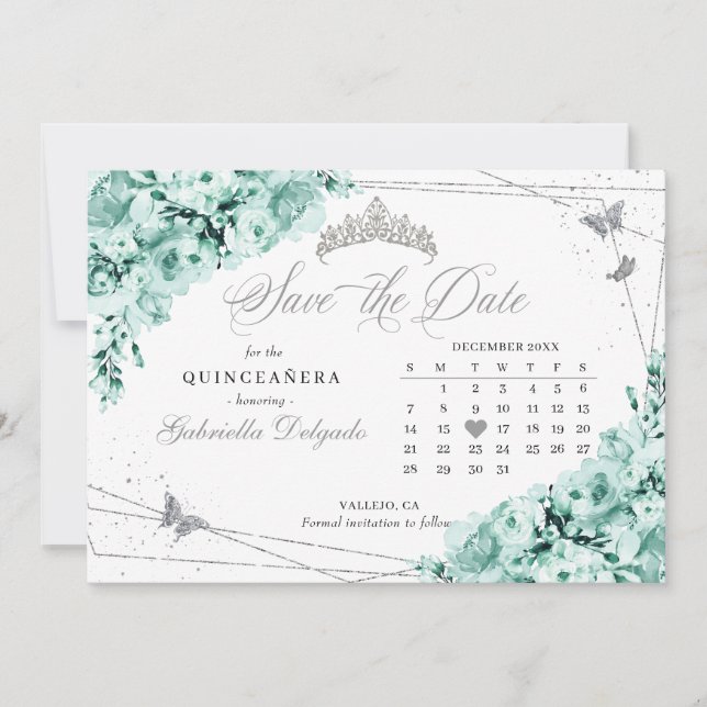 Invitación Quinceañera verde y plateado de la menta salva la  (Anverso)