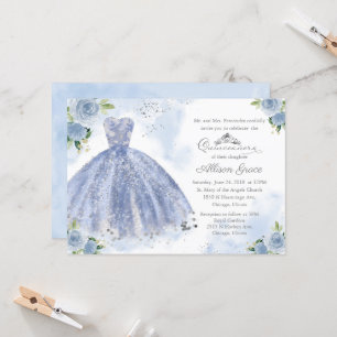 Invitación Quinceañera Vestido Azul Claro Plateado