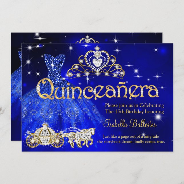 Invitación Quinceañera vestido azul de cumpleaños 15 Tiara Ca (Anverso / Reverso)