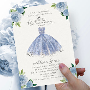 Invitación Quinceañera Vestido Azul Español Floral