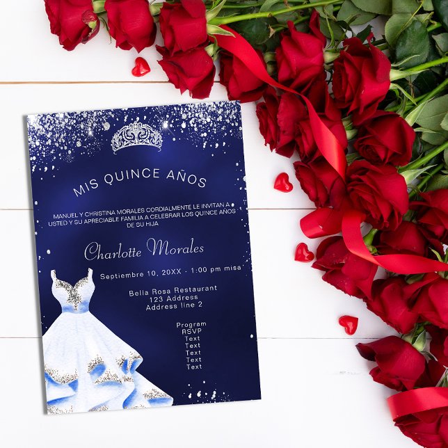 Invitación Quinceanera vestido azul marino de plata tiara (Subido por el creador)
