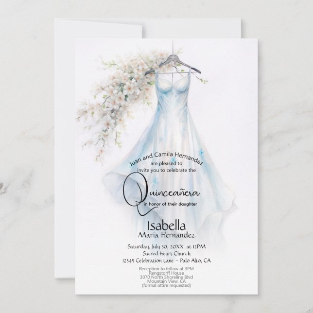 Invitación Quinceañera | Vestido Azul Pálido Flores Blancas (Anverso)