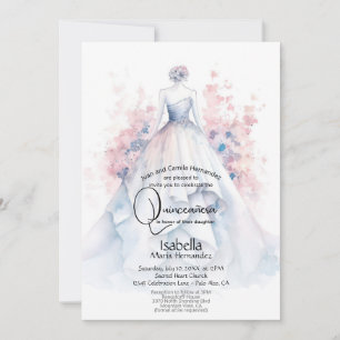 Invitación Quinceañera Vestido Azul Pálido Flores Rosadas
