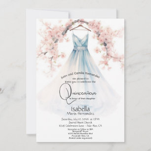Invitación Quinceañera   Vestido Azul Pálido Flores Rosadas