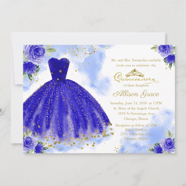Invitación Quinceañera Vestido Azul Real Bilingüe (Anverso)
