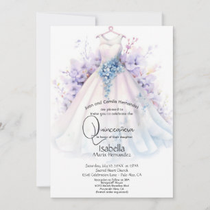 Invitación Quinceañera   Vestido Blanco Flores Moradas y Azul