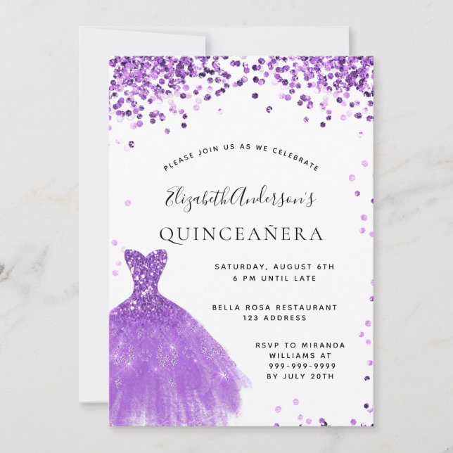 Invitación Quinceanera vestido blanco violeta purpurina glam (Anverso)