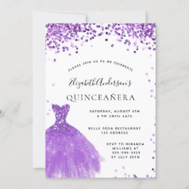 Invitación Quinceanera vestido blanco violeta purpurina glam