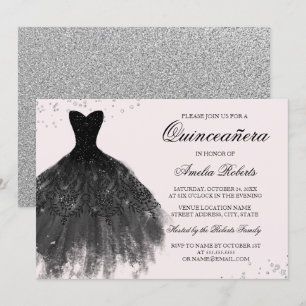 Invitación Quinceañera Vestido Brillante Rosa Negr