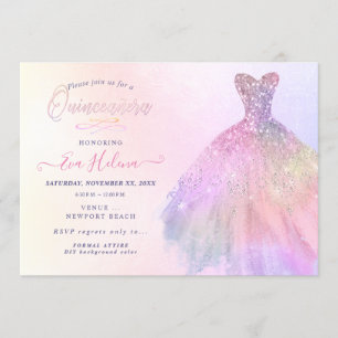 Invitación Quinceañera, Vestido de Brillo, Algodón de Azúcar 