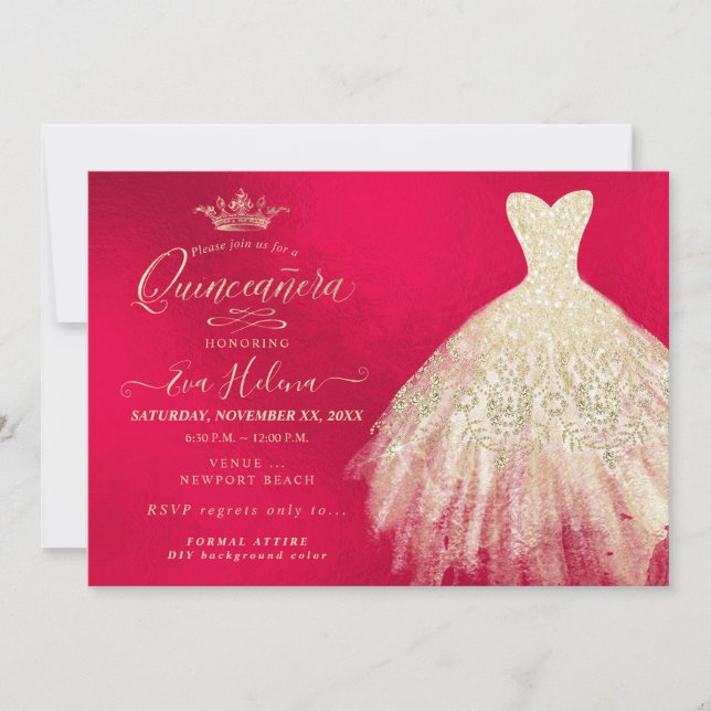 Invitación Quinceañera, vestido de brillo, falso oro+rojo (Anverso)