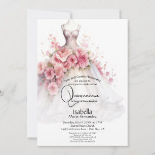 Invitación Quinceañera Vestido de Camelia Blanco y Rosa