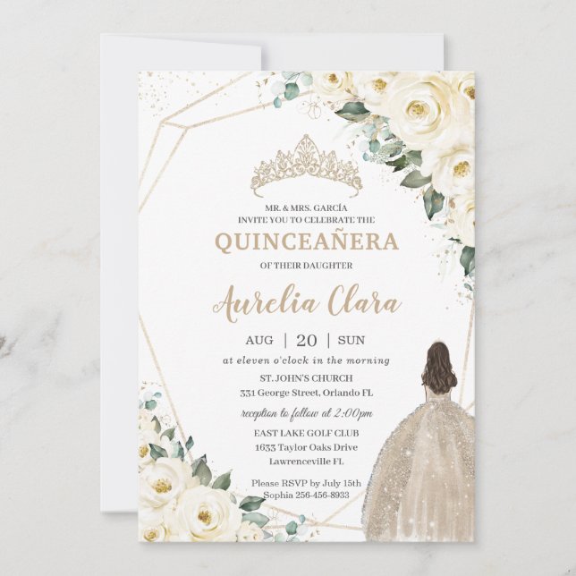 Invitación Quinceañera Vestido de champán floral de marfil (Anverso)