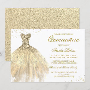Invitación Quinceañera Vestido de Destello Dorado