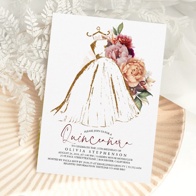 Invitación Quinceañera Vestido de Oro Floral 15º cumpleaños (Subido por el creador)