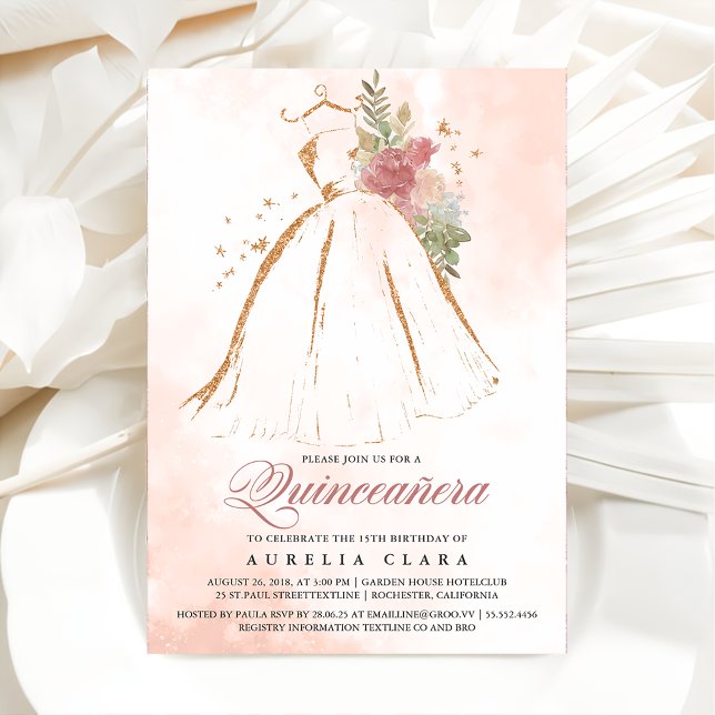 Invitación Quinceañera Vestido de Oro Floral Rosa 15º cumplea (Subido por el creador)