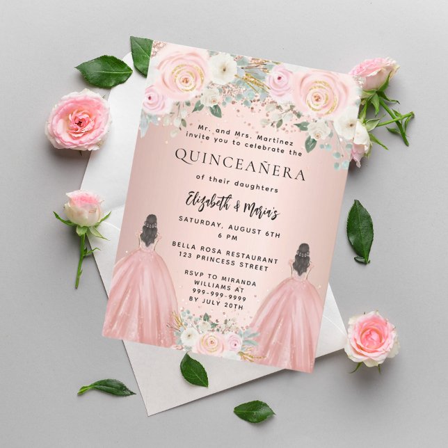 Invitación Quinceanera vestido de oro rosa floral 2 chicas ge (Subido por el creador)
