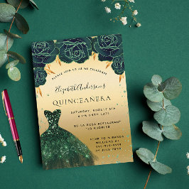 Invitación Quinceanera vestido de oro verde esmeralda lujo fl