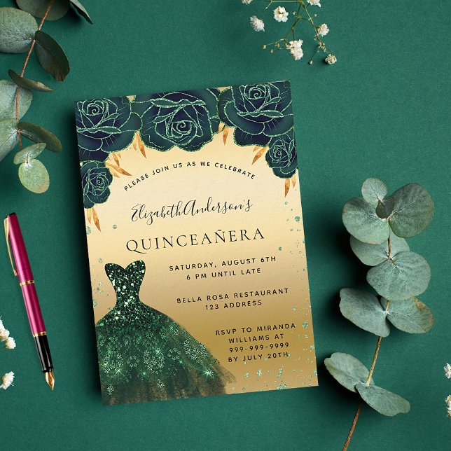 Invitación Quinceanera vestido de oro verde esmeralda lujo fl (Subido por el creador)