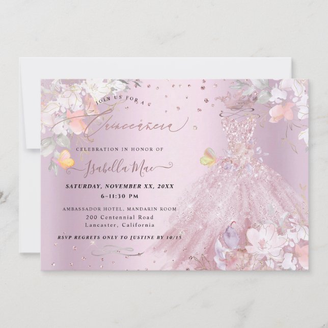 Invitación Quinceañera Vestido de Purpurina Rosa Polvo con Ch (Anverso)