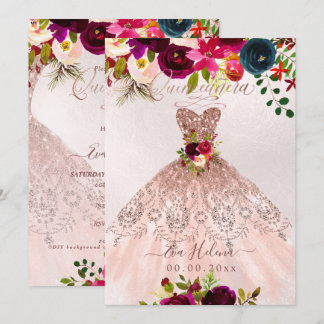 Invitación Quinceañera, vestido floral Boho con brillo en ros
