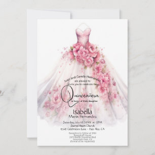 Invitación Quinceañera Vestido Floral Rosa