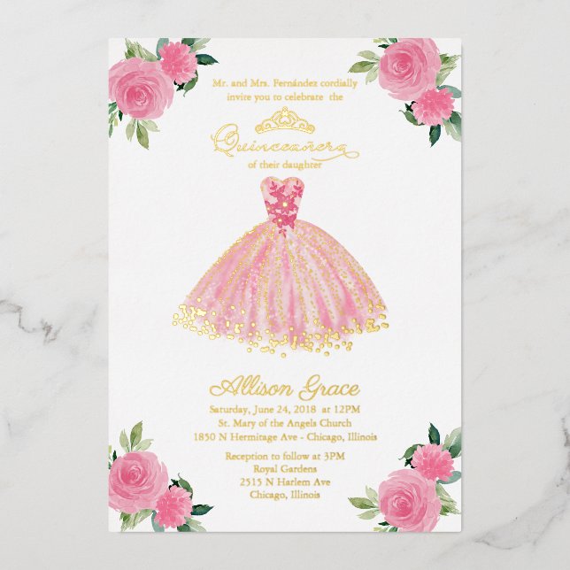 Invitación Quinceanera Vestido Floral Rosa Calient (Anverso)