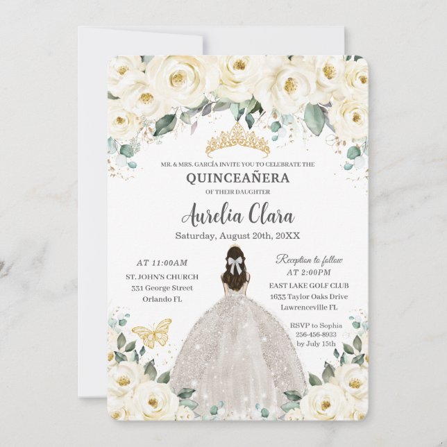 Invitación Quinceañera Vestido marrón blanco floral de oro ti (Anverso)
