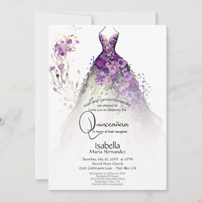 Invitación Quinceañera | Vestido morado floral (Anverso)