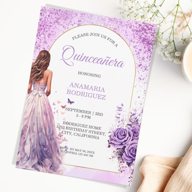 Invitación Quinceañera Vestido Purple Arco Floral Mariposas (lavender purple roses and quinceanera dress)