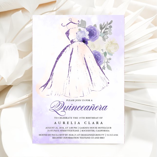 Invitación Quinceañera Vestido Purple Floral 15 cumpleaños (Subido por el creador)