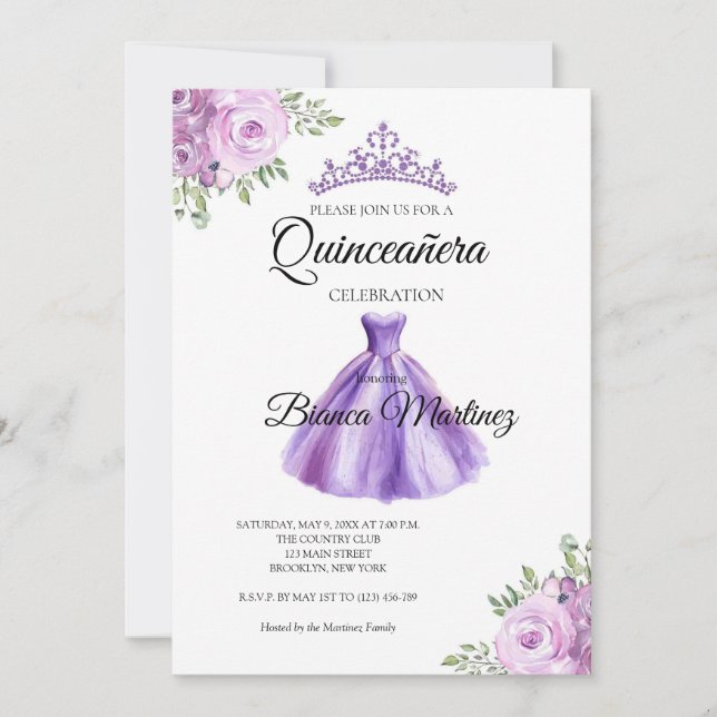 Invitación Quinceanera Vestido Purple Mis Quince (Anverso)