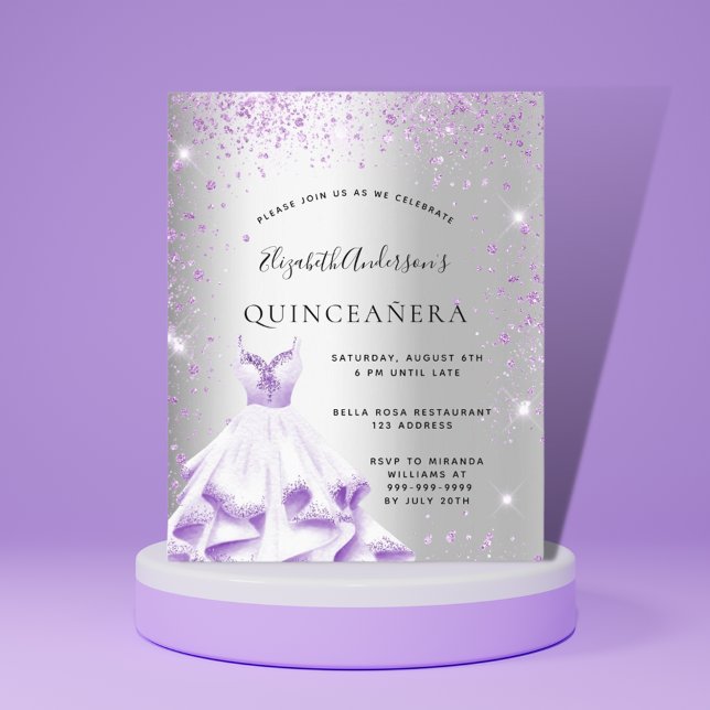 Invitación Quinceanera vestido púrpura de plata purpurina gla (Subido por el creador)