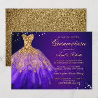 Invitación Quinceañera Vestido Purpura Dorado Bril