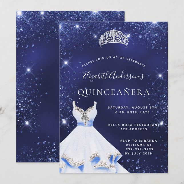 Invitación Quinceanera vestido purpurina azul marino tiara (Anverso / Reverso)