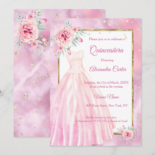 Invitación Quinceanera Vestido rosa Dorado floral Fiesta de c (Anverso / Reverso)