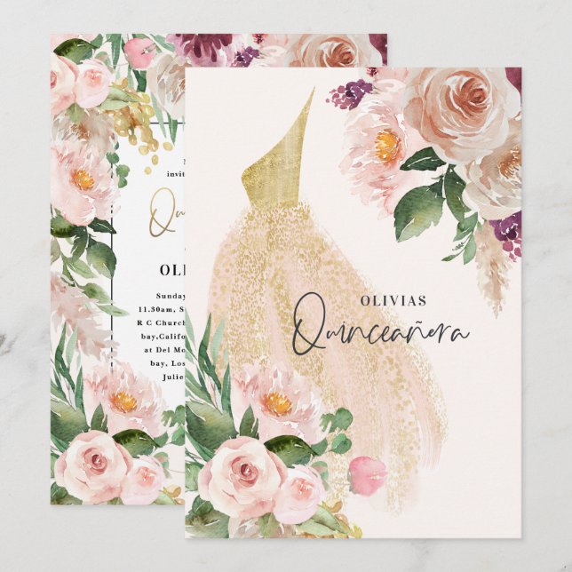 Invitación Quinceañera Vestido rosa floral cumpleaños Invi (Anverso / Reverso)