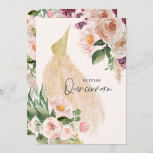 Invitación Quinceañera Vestido rosa floral cumpleaños Invi