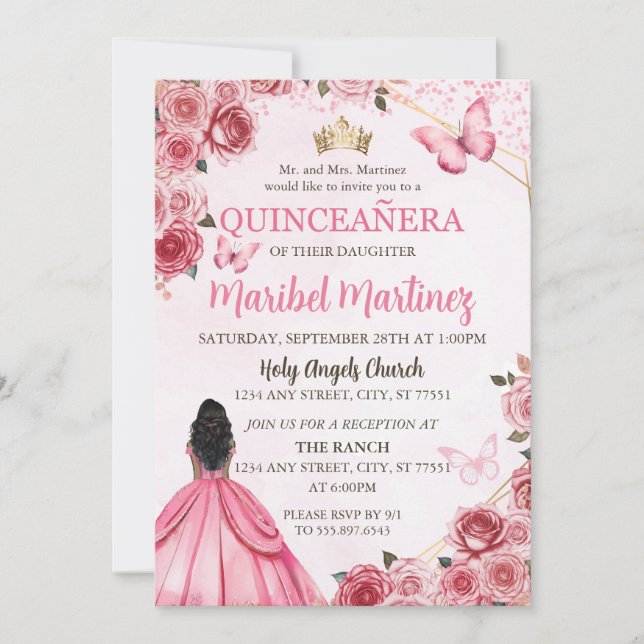 Invitación Quinceanera Vestido Rosa Mariposa Floral (Anverso)