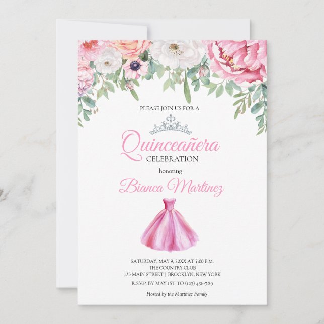 Invitación Quinceanera Vestido Rosa Mis Quince (Anverso)