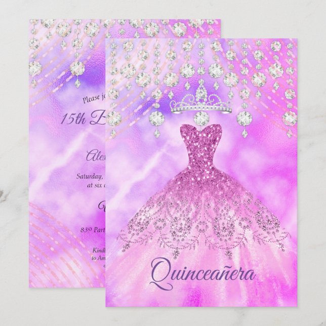 Invitación Quinceanera Vestido Rosa Morado Fiesta de Cumpleañ (Anverso / Reverso)