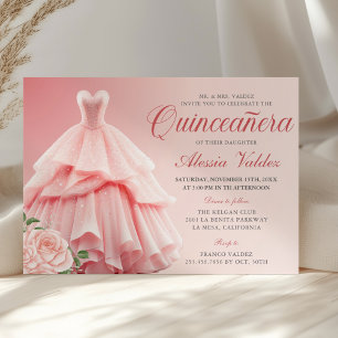 Invitación Quinceanera Vestido Rosa Plata Flora