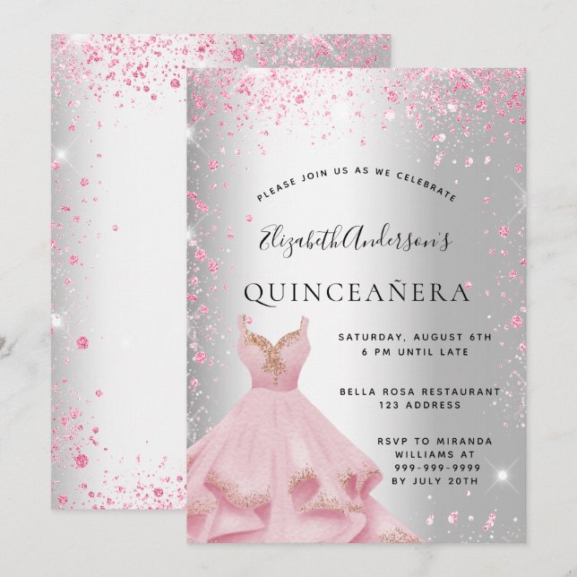Invitación Quinceanera vestido rosa plateado polvo purpurina (Anverso / Reverso)