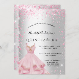 Invitación Quinceanera vestido rosa plateado polvo purpurina