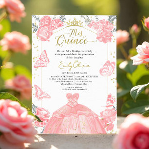 Invitación Quinceanera Vestido Rosa Relieve metali
