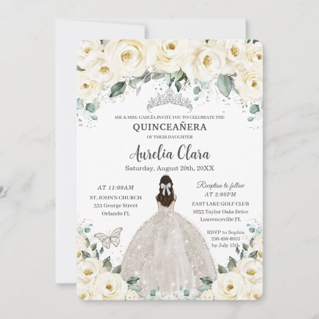 Invitación Quinceañera Vestido Tiara de Floral blanca de marf (Anverso)